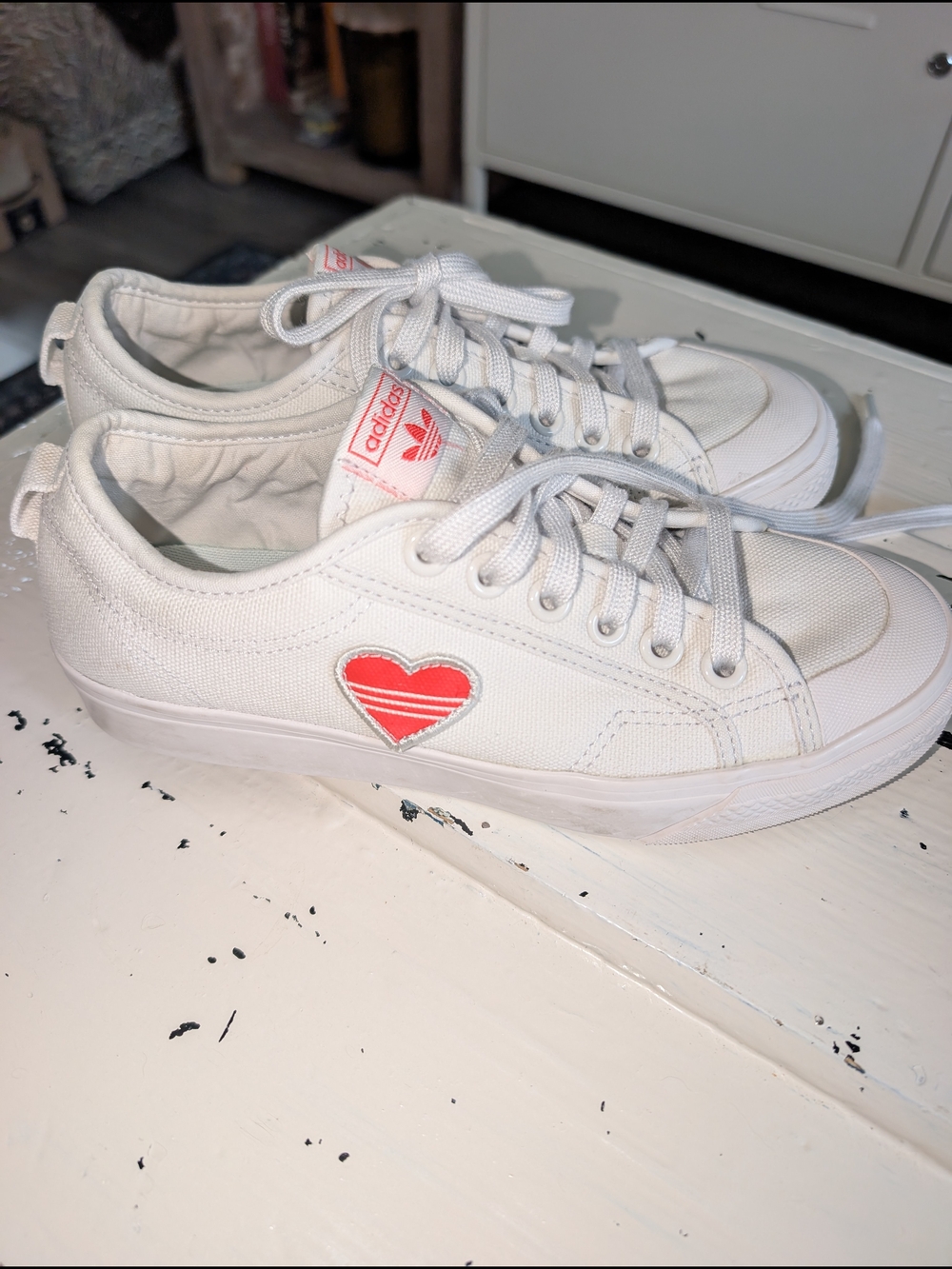 Adidas White Canvas Sneakers with Red Heart Patch